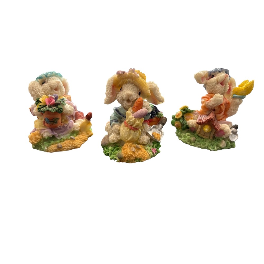 Set of 3 Resin Easter Bunny Figurines Garden Theme Rabbit Miniatures Colorful